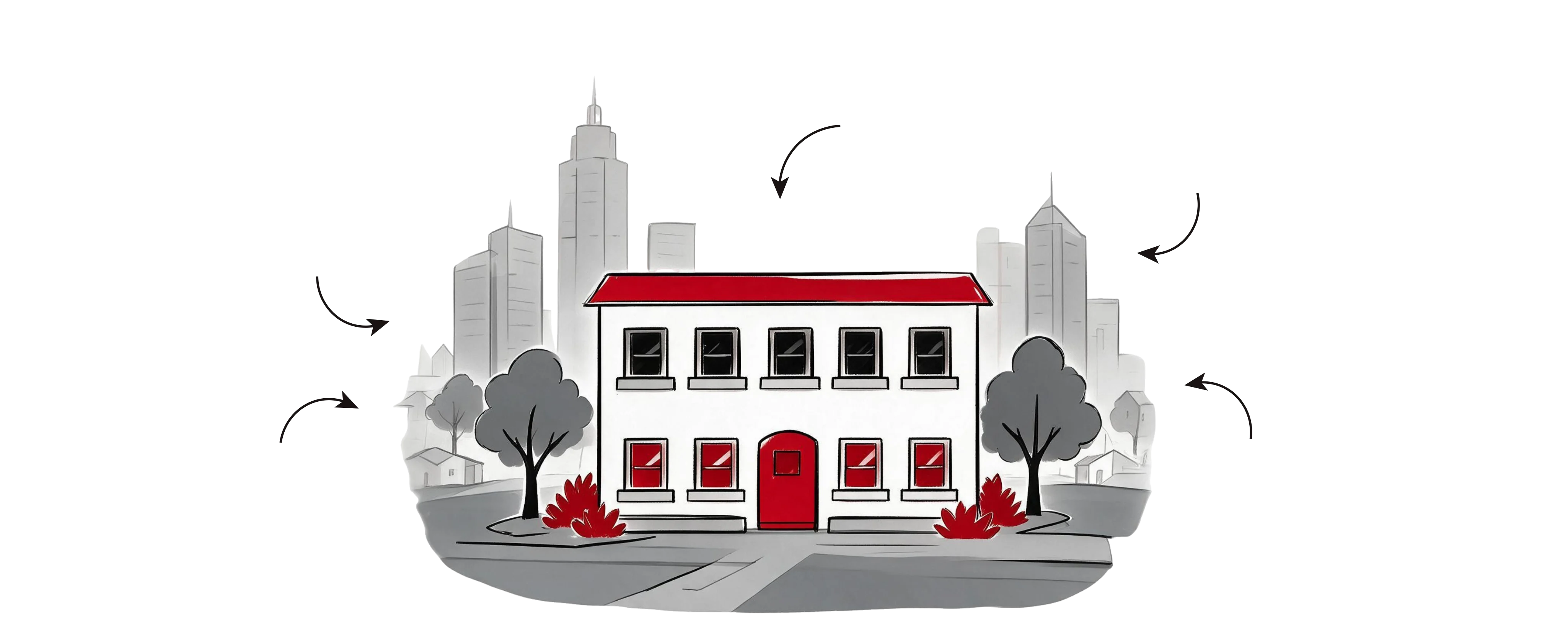 Ilustração de um sobrado à frente do skyline de uma cidade.