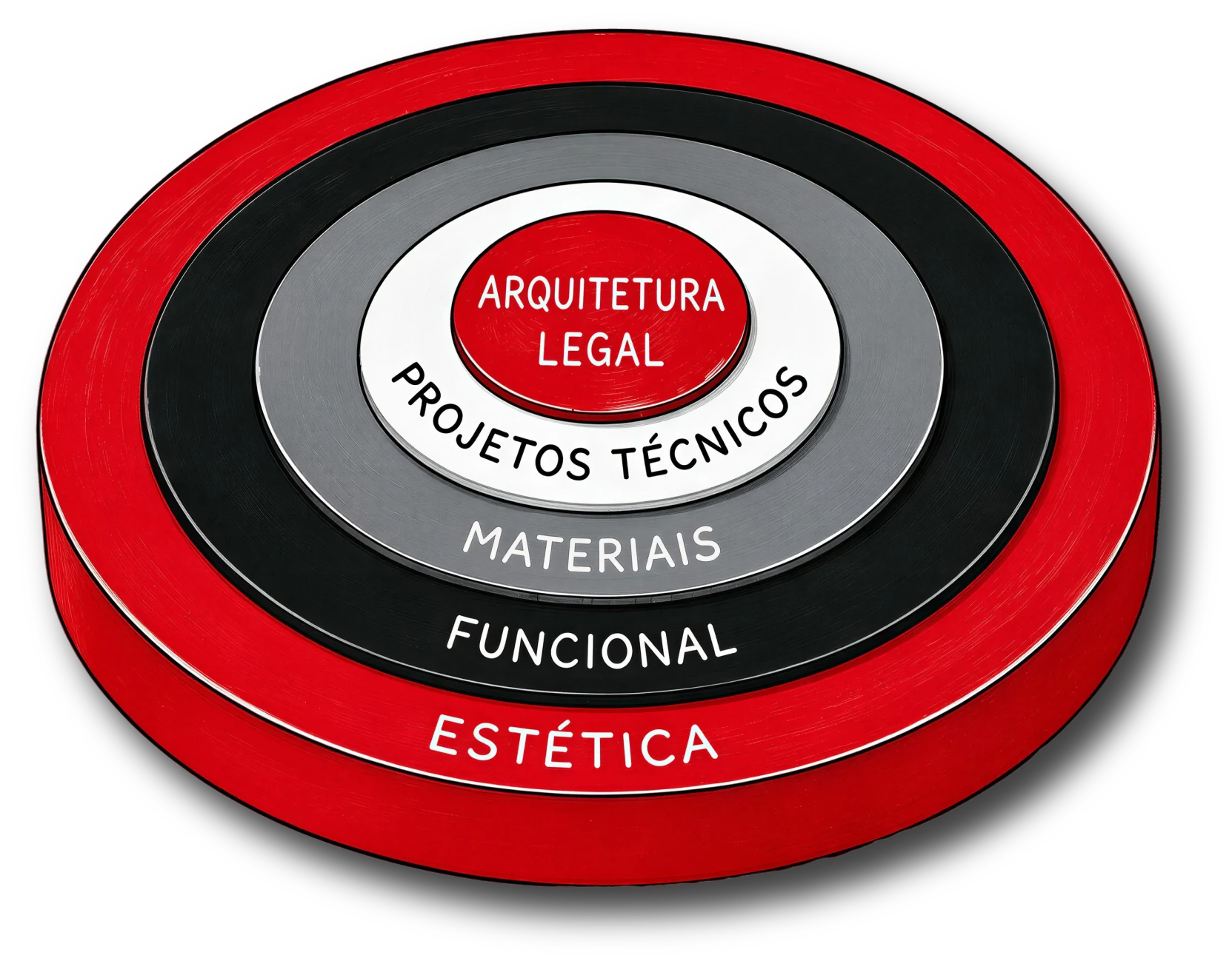 Diagrama em camadas concêntricas: Arquitetura Legal e Projetos Técnicos no centro, envolvidos por Materiais, Funcional e Estética.