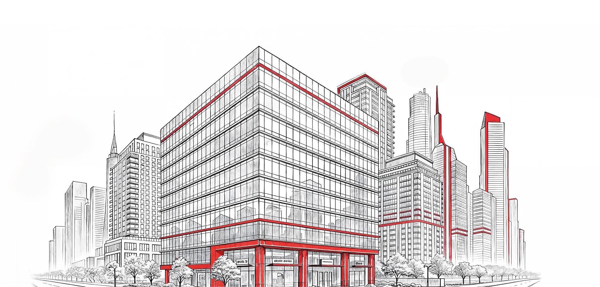 Ilustração de um edifício corporativo e do skyline de uma grande cidade, em traço técnico com detalhes em vermelho.
